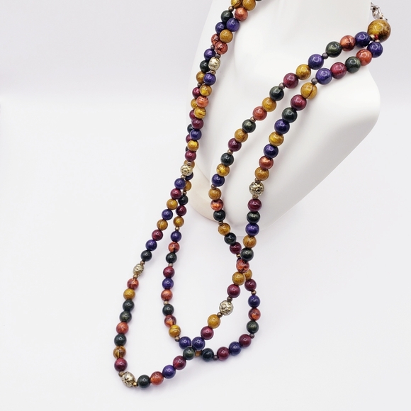 Double Strand Multi Color Beaded Necklace with Silver Floral Bead Accents - Picture 2 of 8